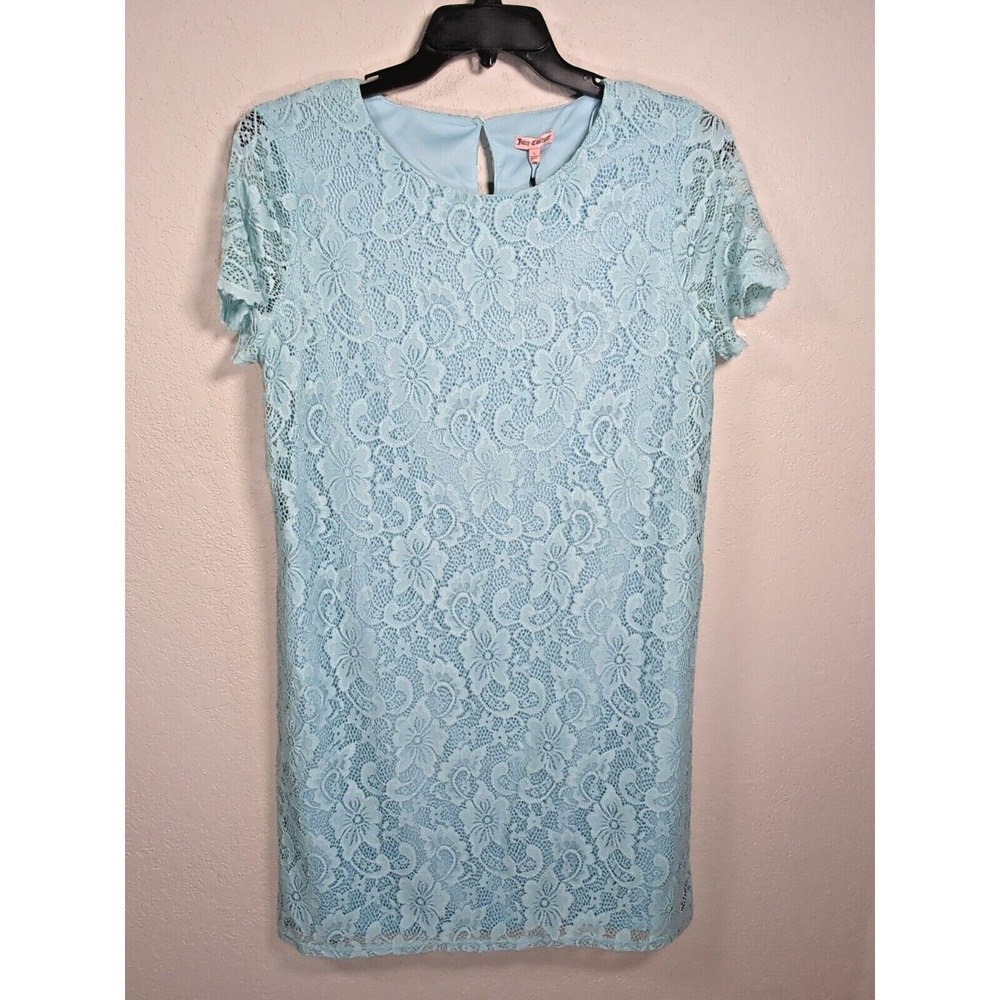 JUICY COUTURE Aqua Blue Lace Womens sz Large Short Sleeve Lined Shift Dress NWT